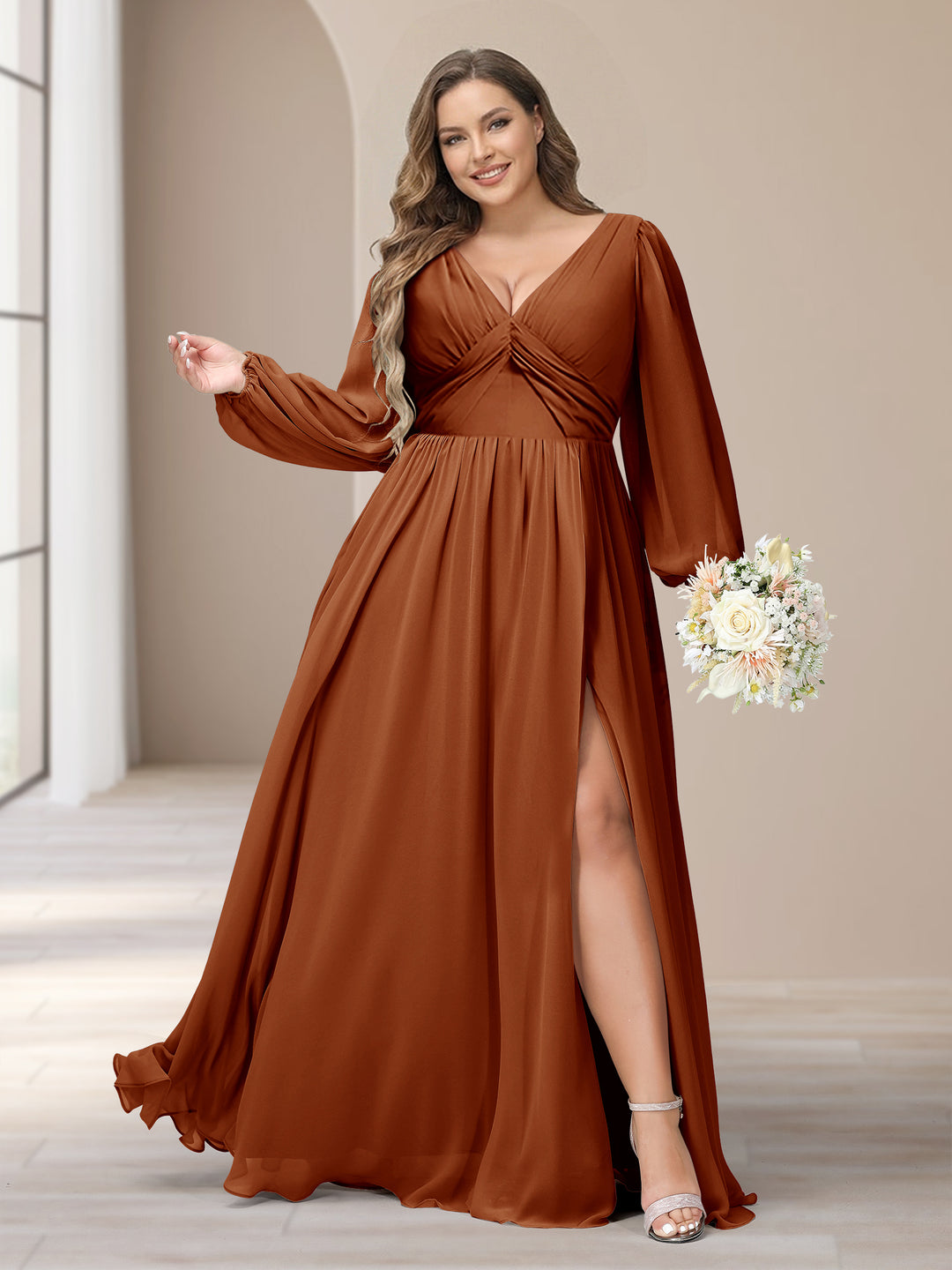 Lavetir Plus Size Bridesmaid Dresses Online with Long Sleeves Brown 2026