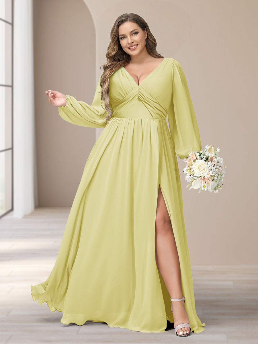 A-Line/Princess V-Neck Long Sleeves Chiffon Long Plus Size Bridesmaid Dresses With Split Side