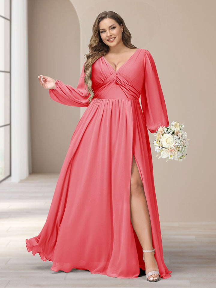A-Line/Princess V-Neck Long Sleeves Chiffon Long Plus Size Bridesmaid Dresses With Split Side