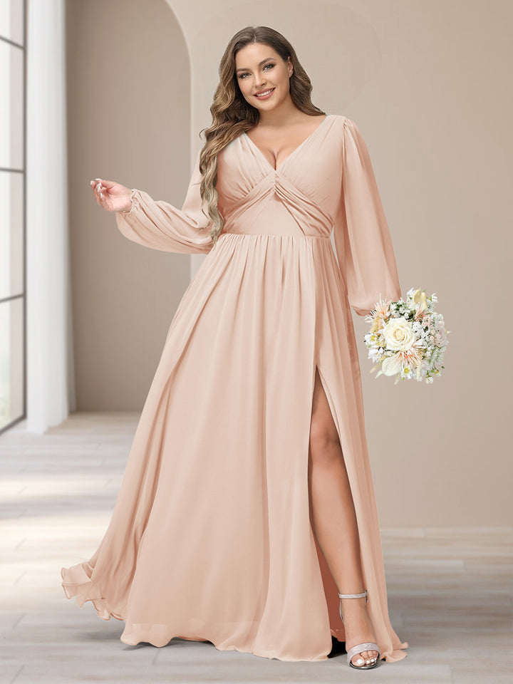 A-Line/Princess V-Neck Long Sleeves Chiffon Long Plus Size Bridesmaid Dresses With Split Side