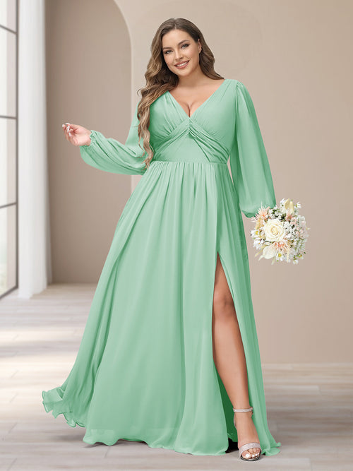 A-Line/Princess V-Neck Long Sleeves Chiffon Long Plus Size Bridesmaid Dresses With Split Side