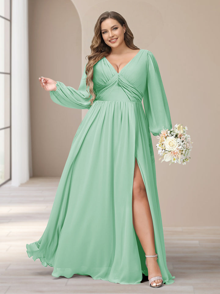 A-Line/Princess V-Neck Long Sleeves Chiffon Long Plus Size Bridesmaid Dresses With Split Side