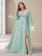 A-Line/Princess V-Neck Long Sleeves Chiffon Long Plus Size Bridesmaid Dresses With Split Side