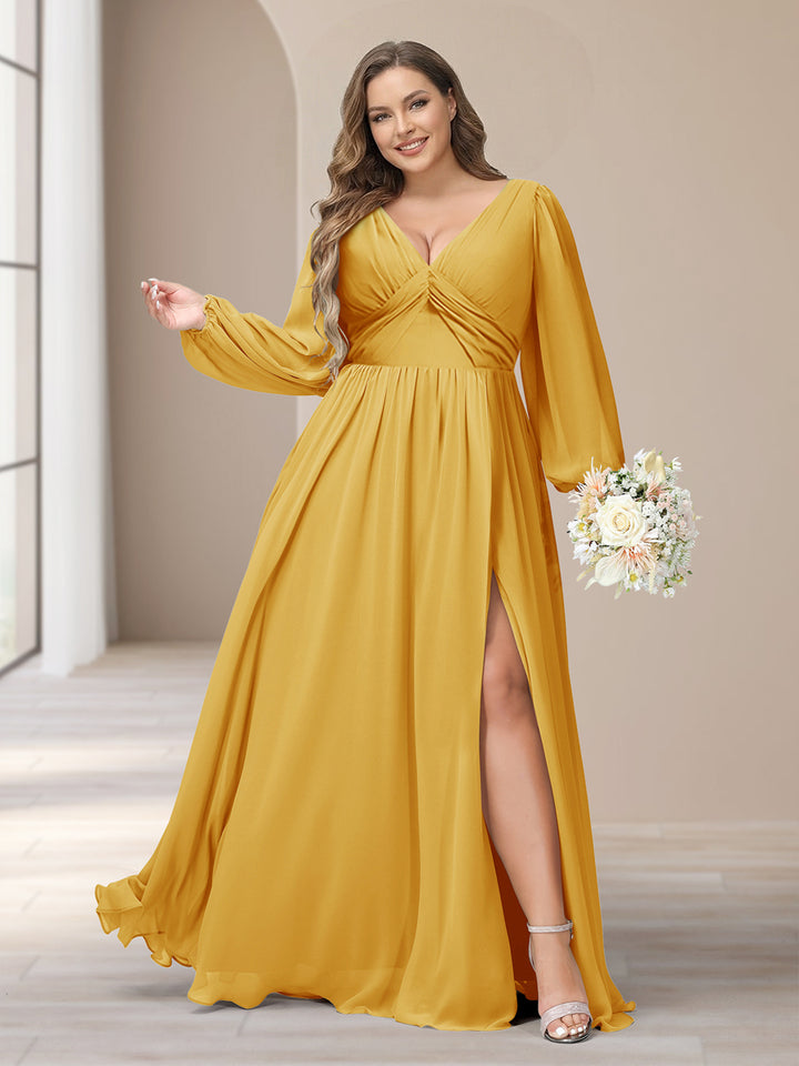 A-Line/Princess V-Neck Long Sleeves Chiffon Long Plus Size Bridesmaid Dresses With Split Side