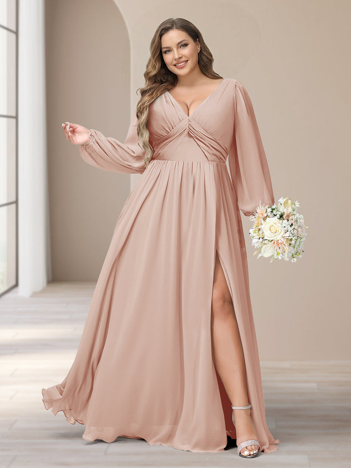 A-Line/Princess V-Neck Long Sleeves Chiffon Long Plus Size Bridesmaid Dresses With Split Side