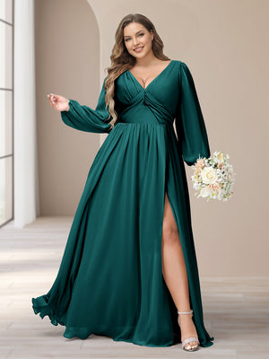 long sleeve plus size bridesmaid dresses 2026 Bridesmaid Dress Long Sleeves V-neck Rust Long Satin Chiffon