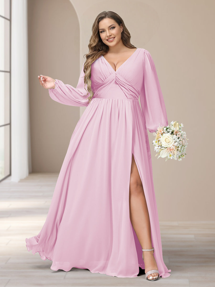 A-Line/Princess V-Neck Long Sleeves Chiffon Long Plus Size Bridesmaid Dresses With Split Side