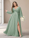 A-Line/Princess V-Neck Long Sleeves Chiffon Long Plus Size Bridesmaid Dresses With Split Side