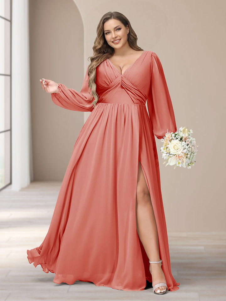 A-Line/Princess V-Neck Long Sleeves Chiffon Long Plus Size Bridesmaid Dresses With Split Side