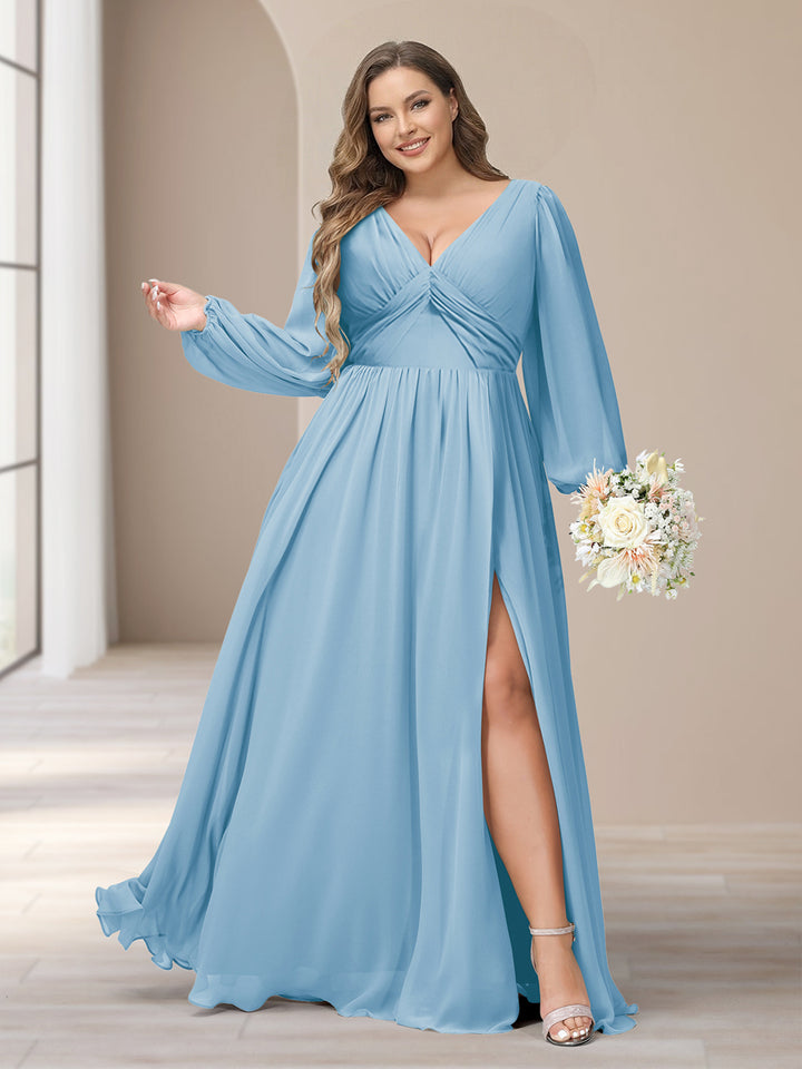 A-Line/Princess V-Neck Long Sleeves Chiffon Long Plus Size Bridesmaid Dresses With Split Side