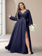A-Line/Princess V-Neck Long Sleeves Chiffon Long Plus Size Bridesmaid Dresses With Split Side
