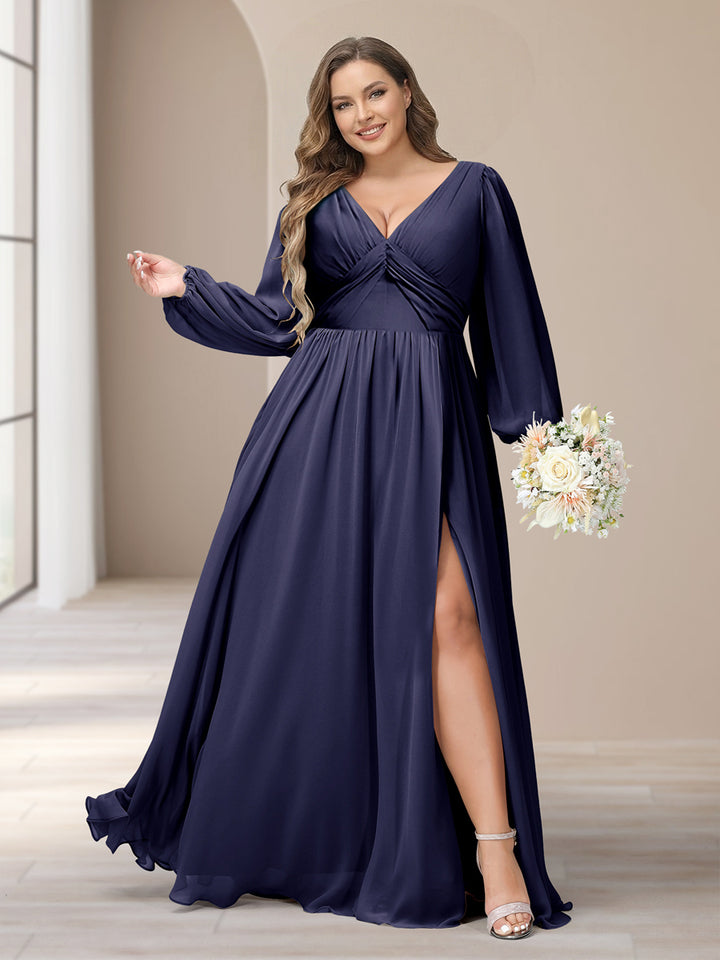 A-Line/Princess V-Neck Long Sleeves Chiffon Long Plus Size Bridesmaid Dresses With Split Side
