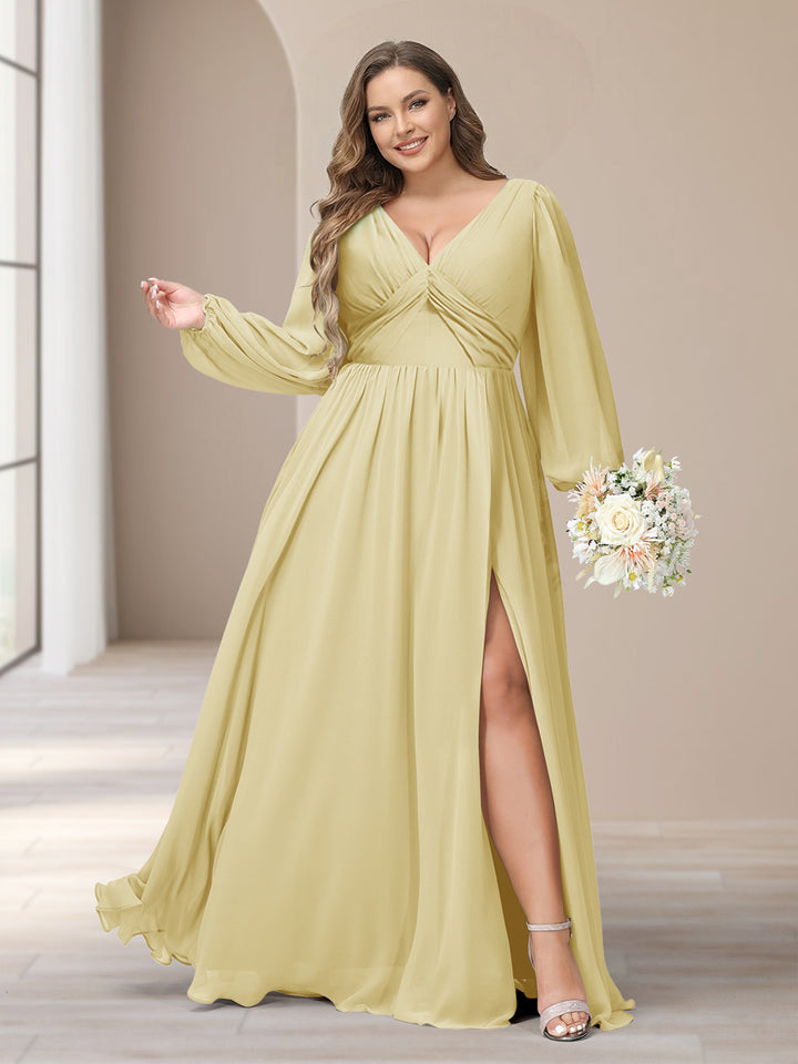 A-Line/Princess V-Neck Long Sleeves Chiffon Long Plus Size Bridesmaid Dresses With Split Side