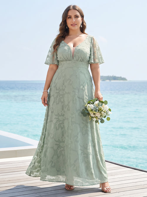 A-Line/Princess V-Neck Half Sleeves Chiffon Plus Size Bridesmaid Dresses with Pockets