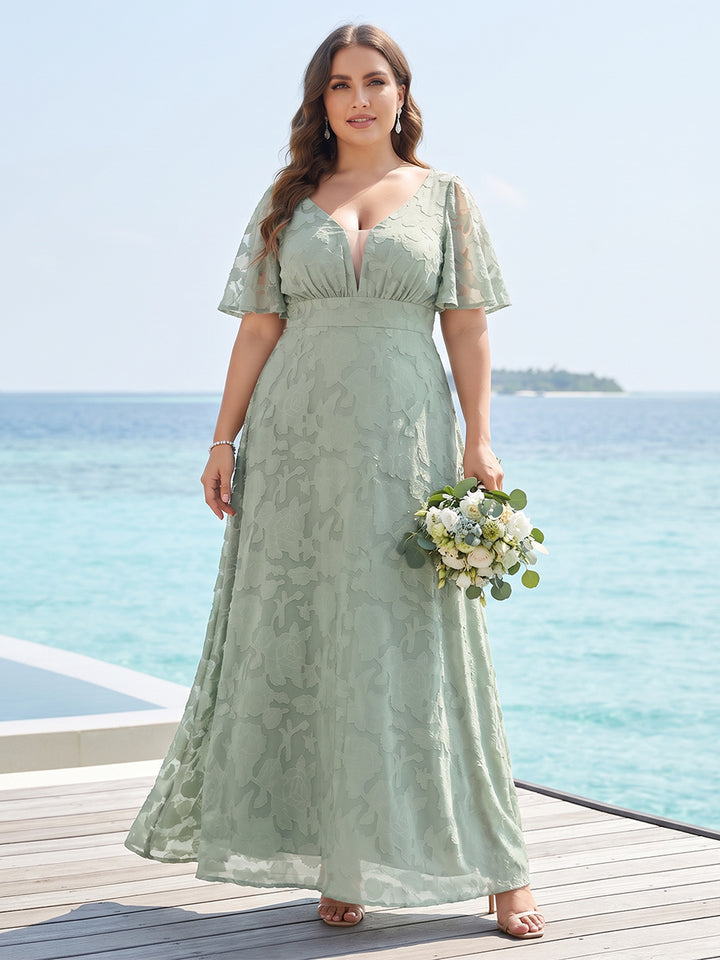 A-Line/Princess V-Neck Half Sleeves Chiffon Plus Size Bridesmaid Dresses with Pockets