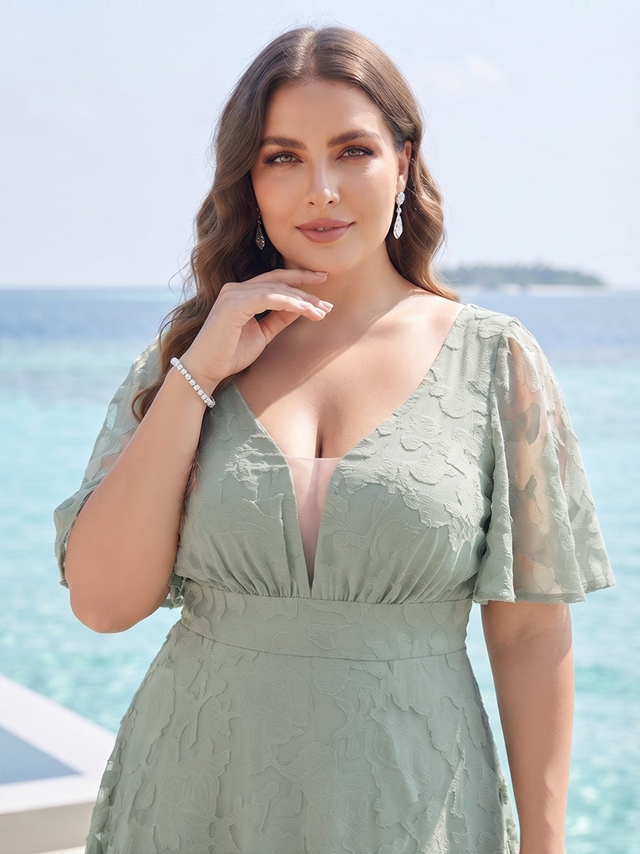 A-Line/Princess V-Neck Half Sleeves Chiffon Plus Size Bridesmaid Dresses with Pockets
