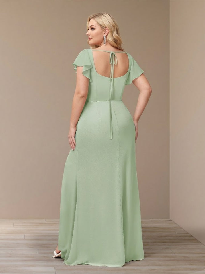 Sheath/Column Short Sleeves Chiffon Plus Size Bridesmaid Dresses with Split Side
