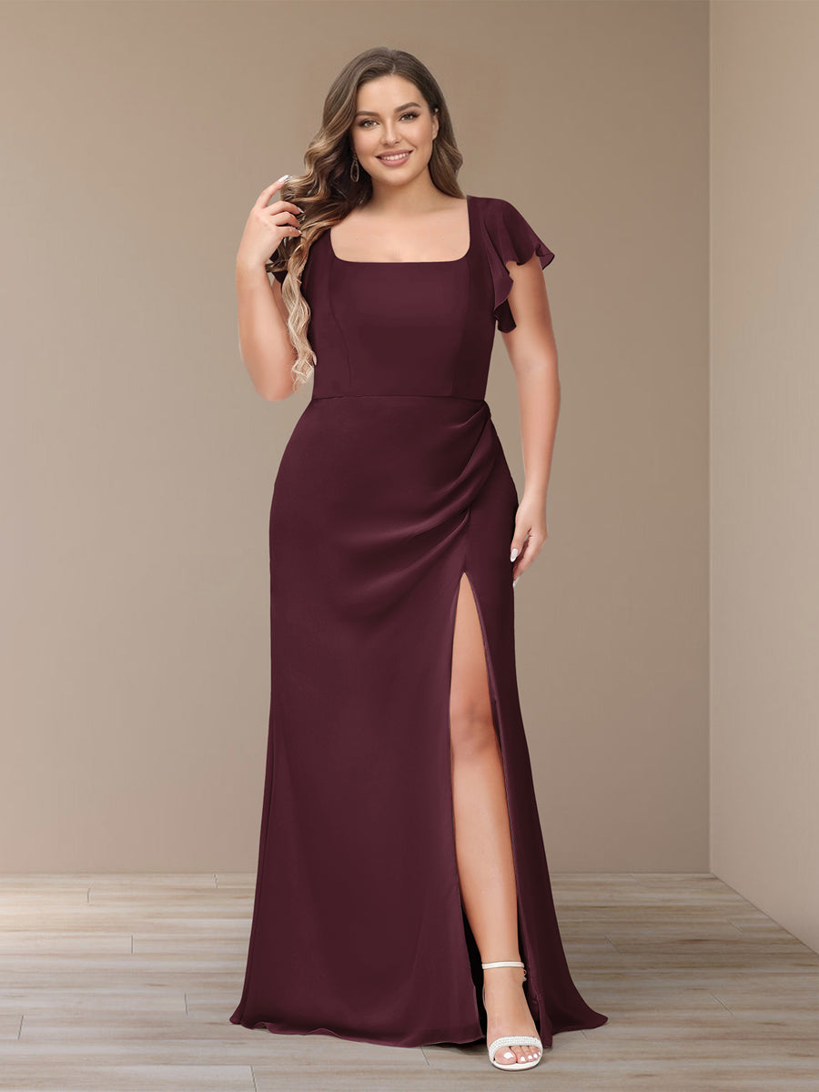 Sheath/Column Short Sleeves Chiffon Plus Size Bridesmaid Dresses with Split Side