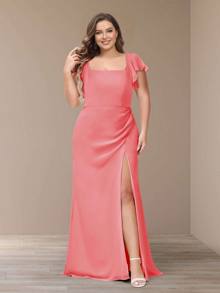 Sheath/Column Short Sleeves Chiffon Plus Size Bridesmaid Dresses with Split Side