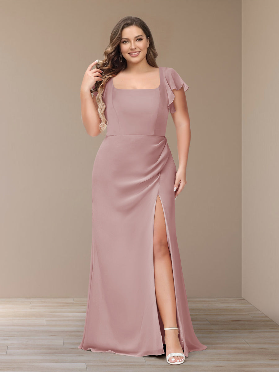 Sheath/Column Short Sleeves Chiffon Plus Size Bridesmaid Dresses with Split Side