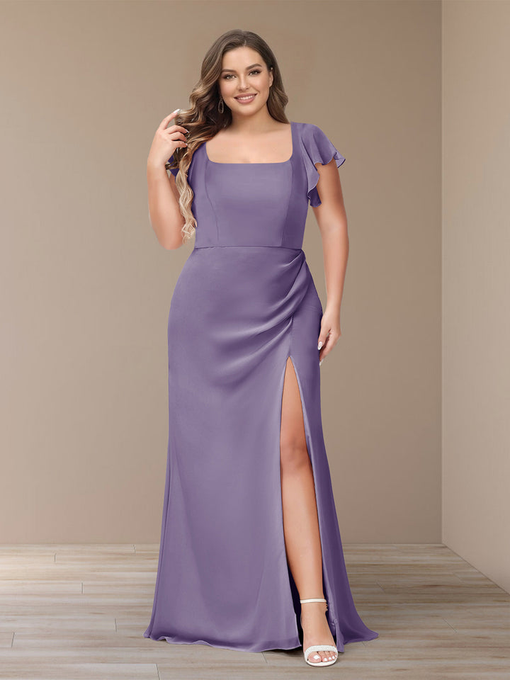 Sheath/Column Short Sleeves Chiffon Plus Size Bridesmaid Dresses with Split Side