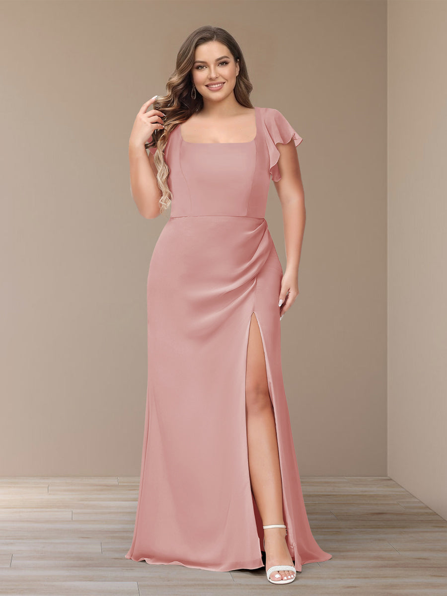 Sheath/Column Short Sleeves Chiffon Plus Size Bridesmaid Dresses with Split Side
