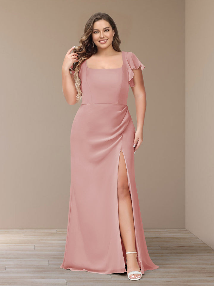 Sheath/Column Short Sleeves Chiffon Plus Size Bridesmaid Dresses with Split Side
