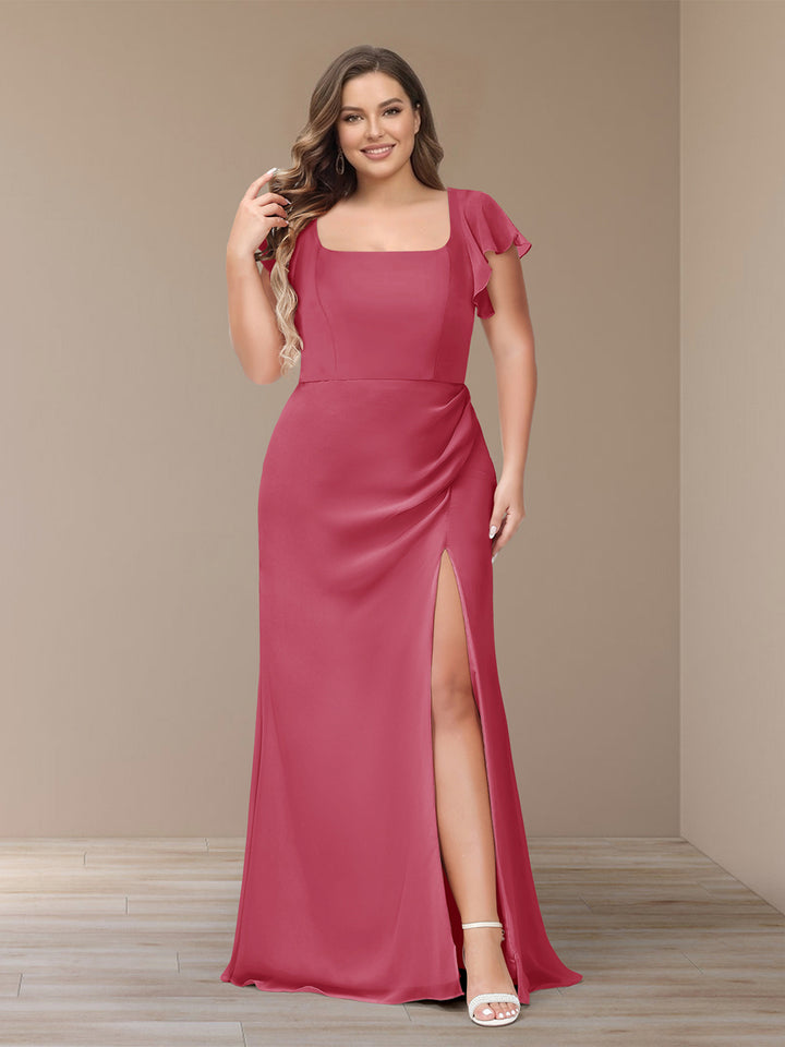 Sheath/Column Short Sleeves Chiffon Plus Size Bridesmaid Dresses with Split Side