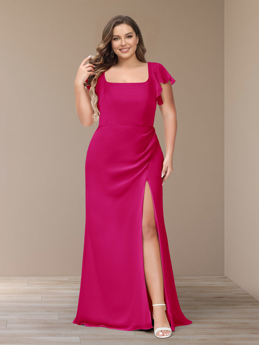 Sheath/Column Short Sleeves Chiffon Plus Size Bridesmaid Dresses with Split Side