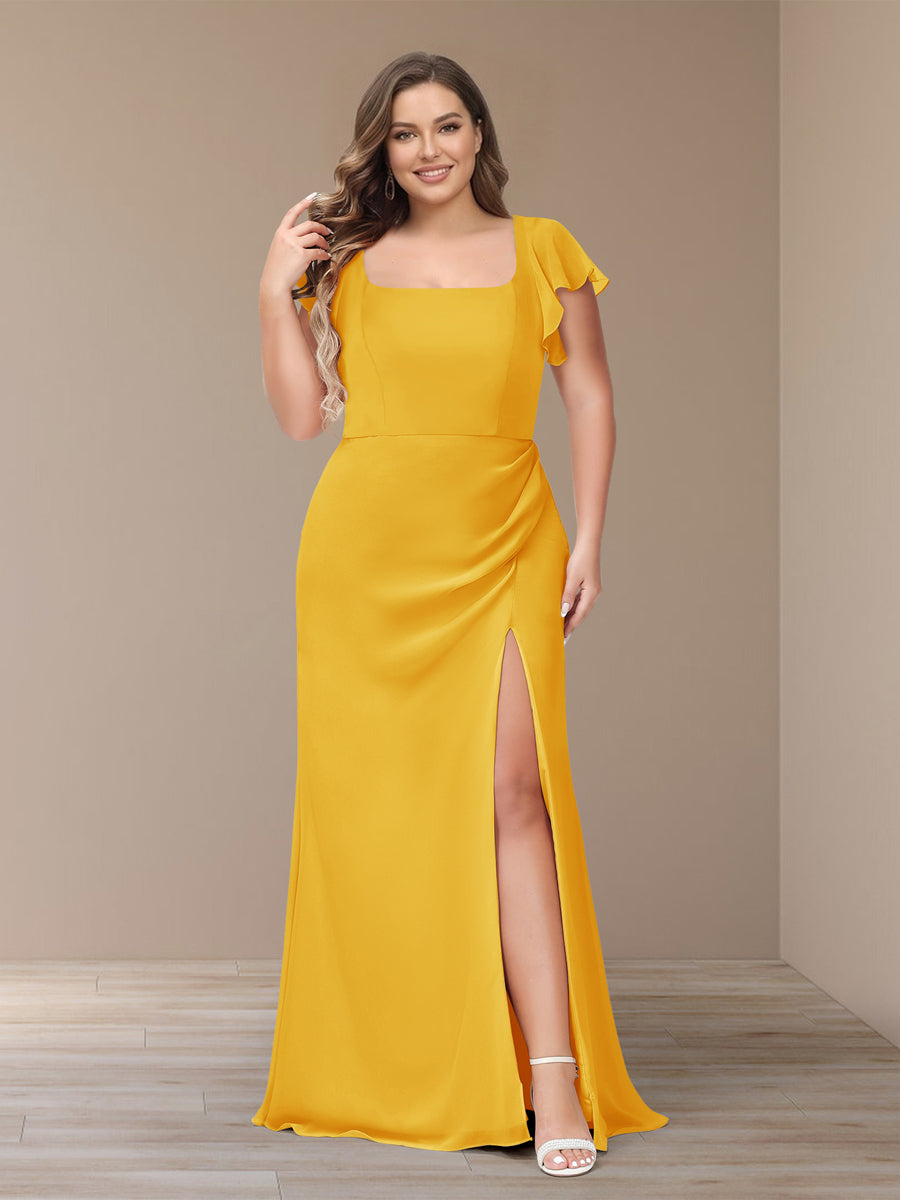 Sheath/Column Short Sleeves Chiffon Plus Size Bridesmaid Dresses with Split Side