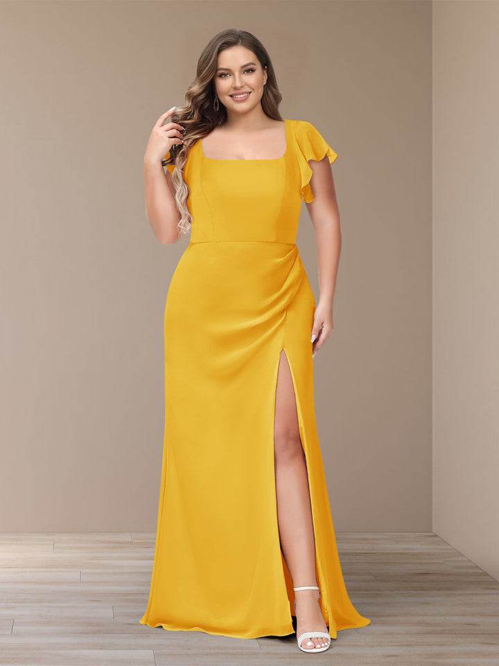 Sheath/Column Short Sleeves Chiffon Plus Size Bridesmaid Dresses with Split Side