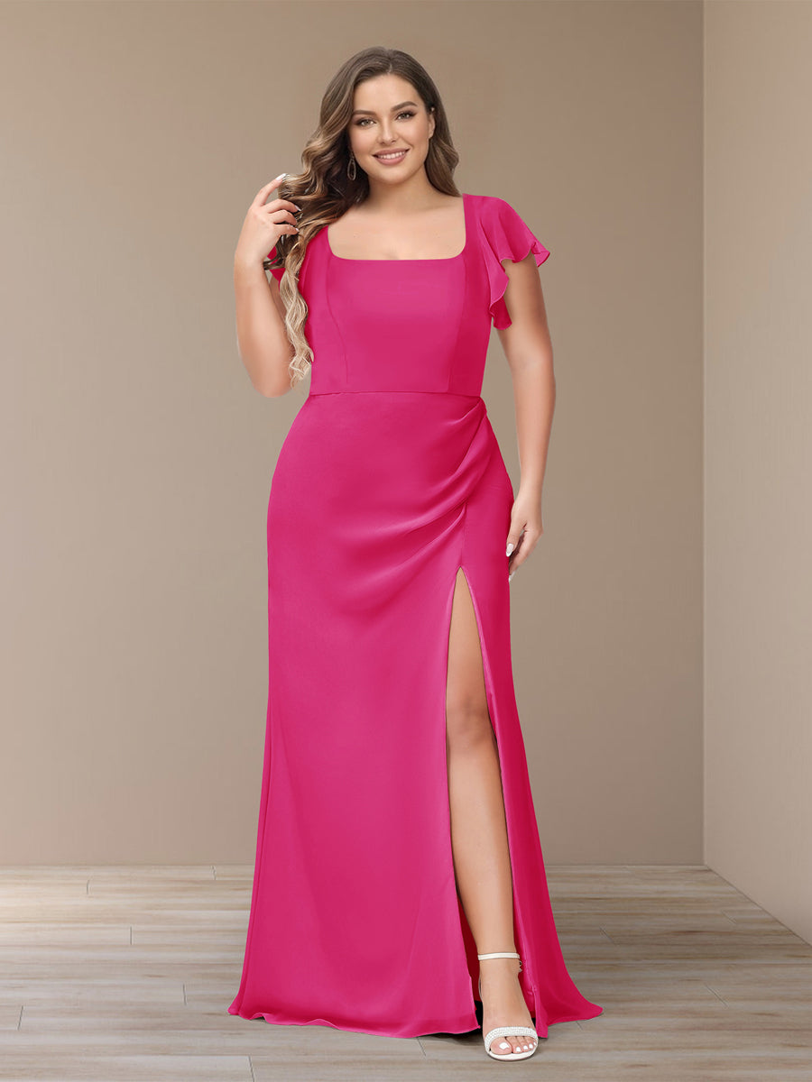 Sheath/Column Short Sleeves Chiffon Plus Size Bridesmaid Dresses with Split Side