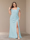 Sheath/Column Short Sleeves Chiffon Plus Size Bridesmaid Dresses with Split Side