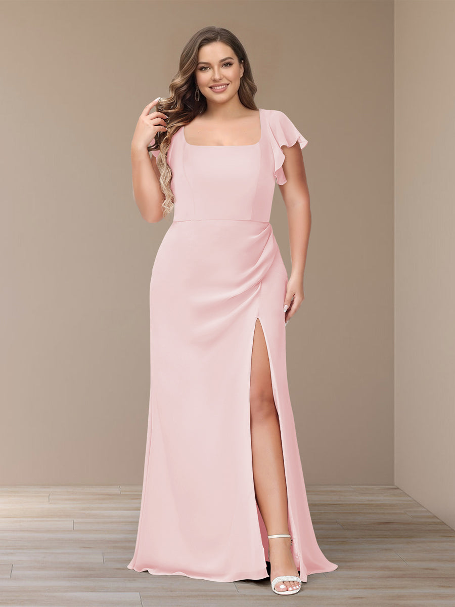 Sheath/Column Short Sleeves Chiffon Plus Size Bridesmaid Dresses with Split Side