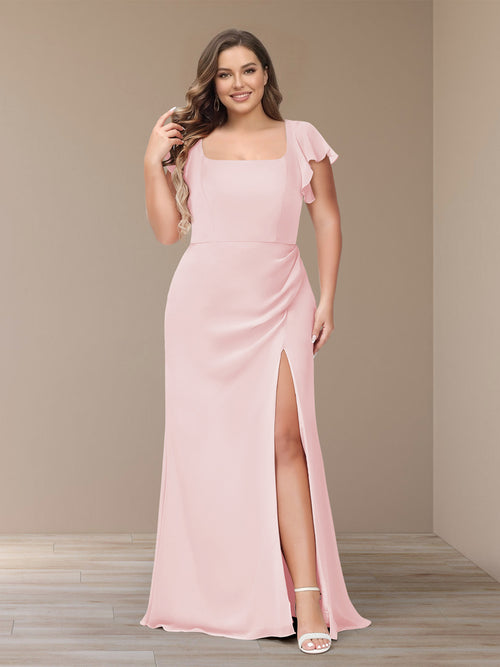 Sheath/Column Short Sleeves Chiffon Plus Size Bridesmaid Dresses with Split Side