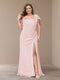 Sheath/Column Short Sleeves Chiffon Plus Size Bridesmaid Dresses with Split Side