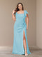 Sheath/Column Short Sleeves Chiffon Plus Size Bridesmaid Dresses with Split Side