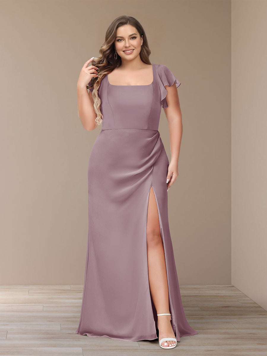 Sheath/Column Short Sleeves Chiffon Plus Size Bridesmaid Dresses with Split Side