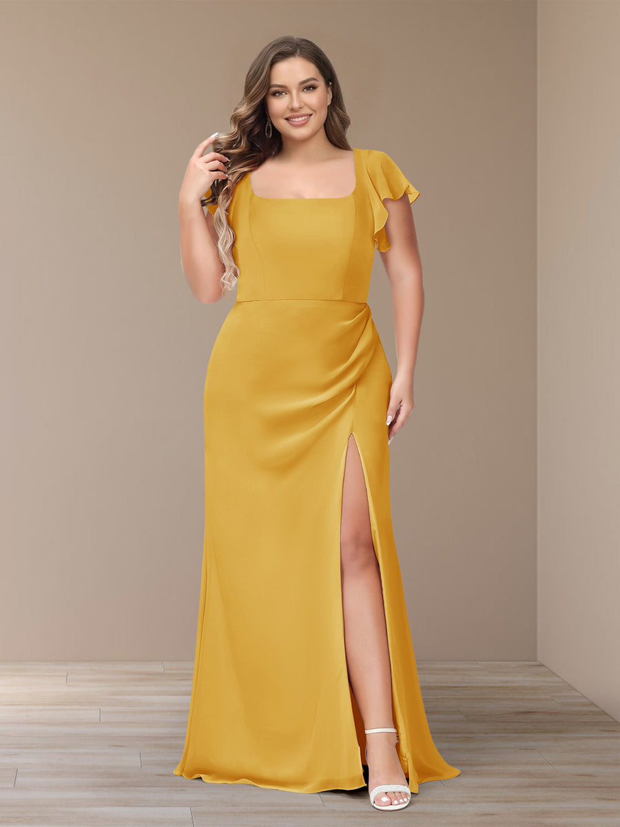 Sheath/Column Short Sleeves Chiffon Plus Size Bridesmaid Dresses with Split Side