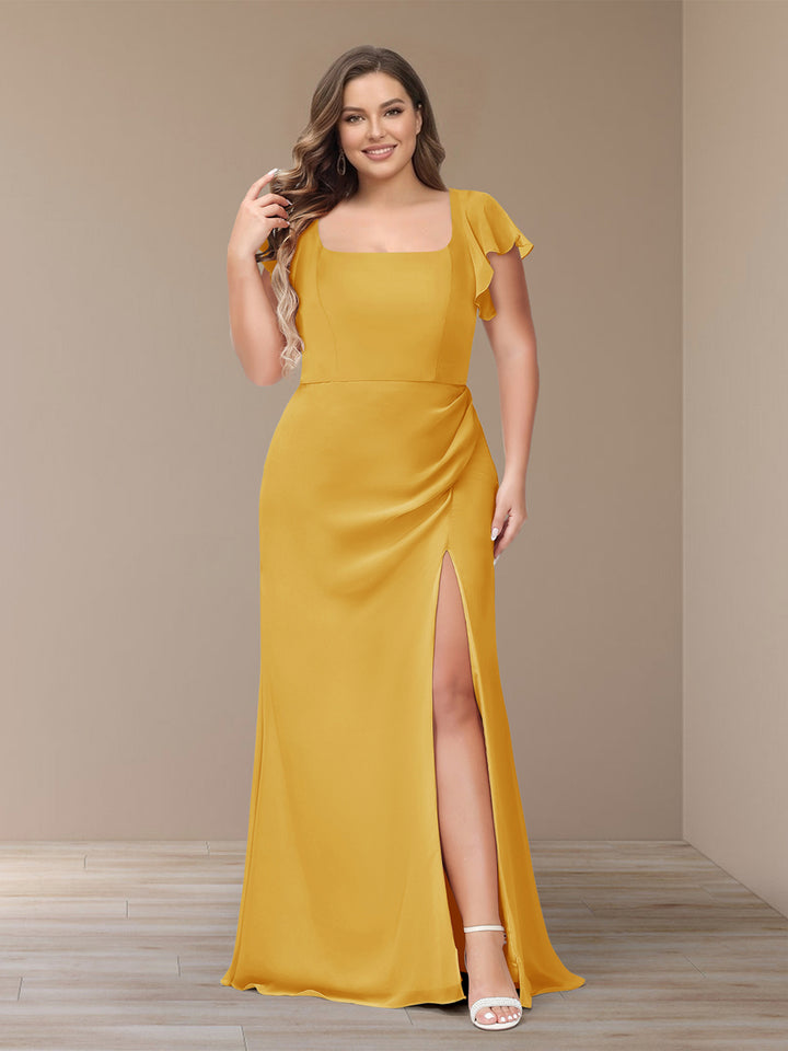Sheath/Column Short Sleeves Chiffon Plus Size Bridesmaid Dresses with Split Side