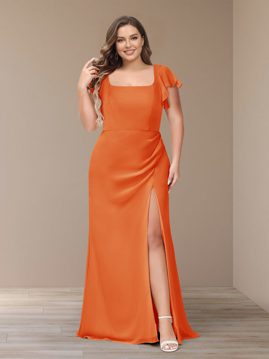 Sheath/Column Short Sleeves Chiffon Plus Size Bridesmaid Dresses with Split Side