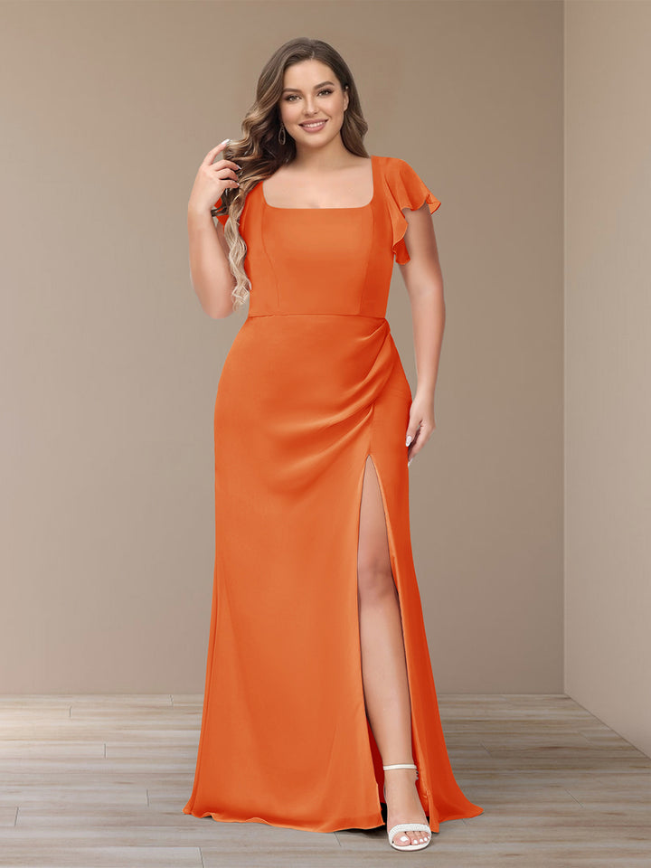 Sheath/Column Short Sleeves Chiffon Plus Size Bridesmaid Dresses with Split Side