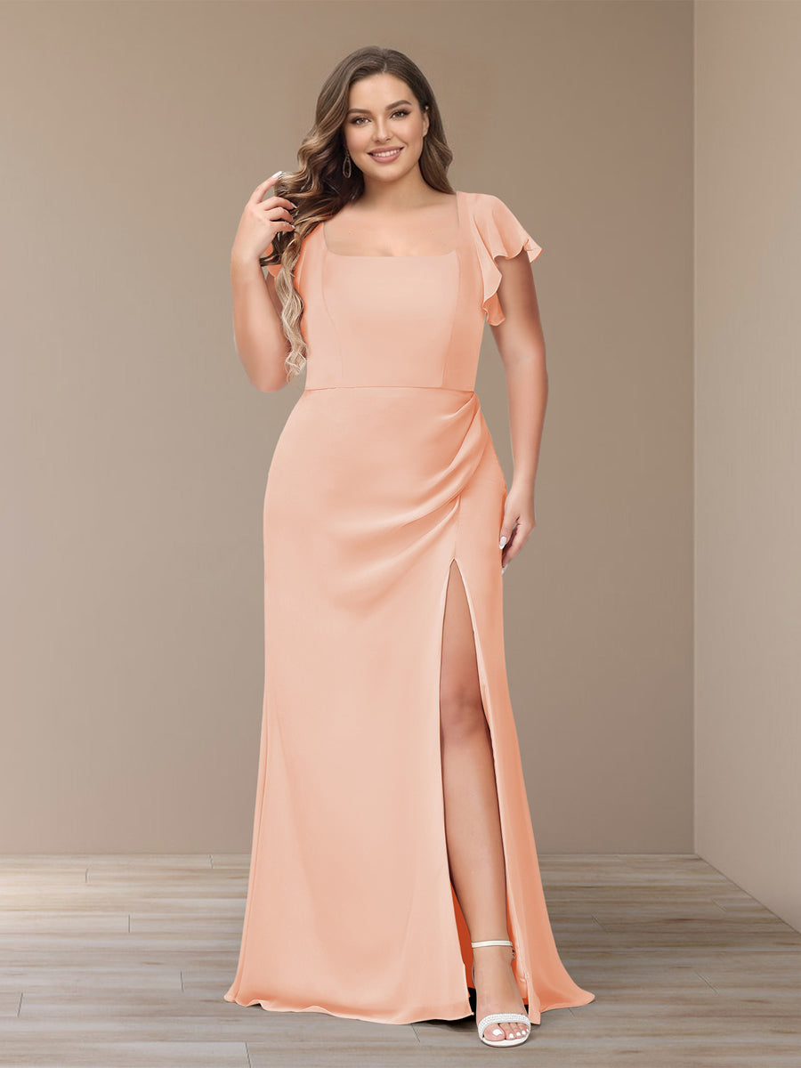 Sheath/Column Short Sleeves Chiffon Plus Size Bridesmaid Dresses with Split Side