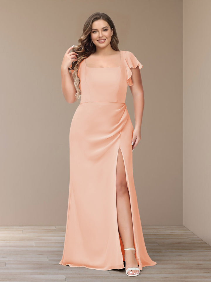 Sheath/Column Short Sleeves Chiffon Plus Size Bridesmaid Dresses with Split Side