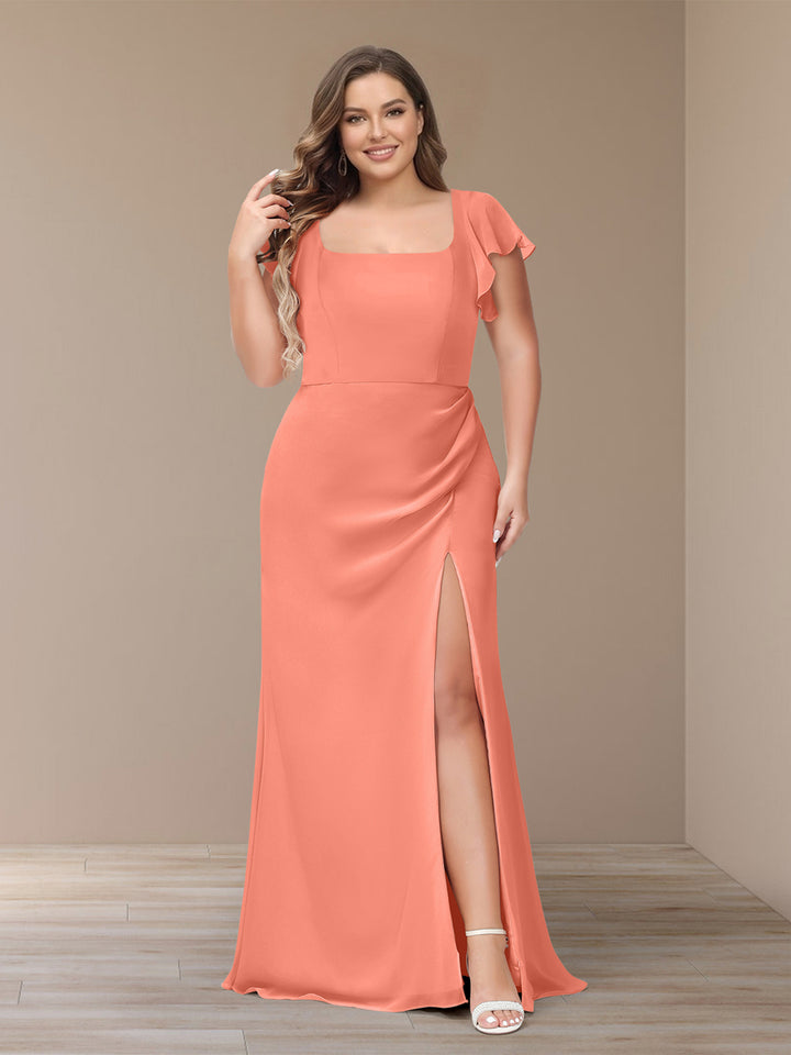 Sheath/Column Short Sleeves Chiffon Plus Size Bridesmaid Dresses with Split Side