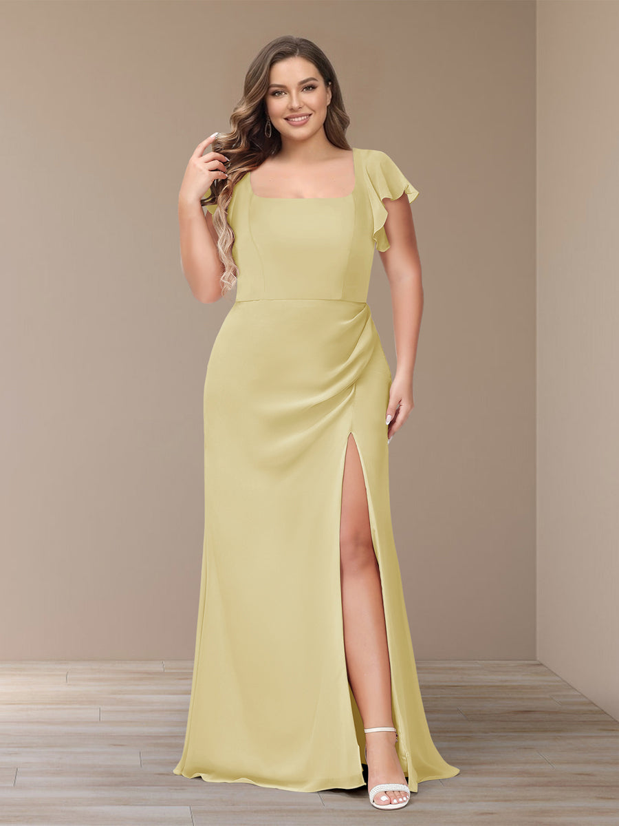 Sheath/Column Short Sleeves Chiffon Plus Size Bridesmaid Dresses with Split Side