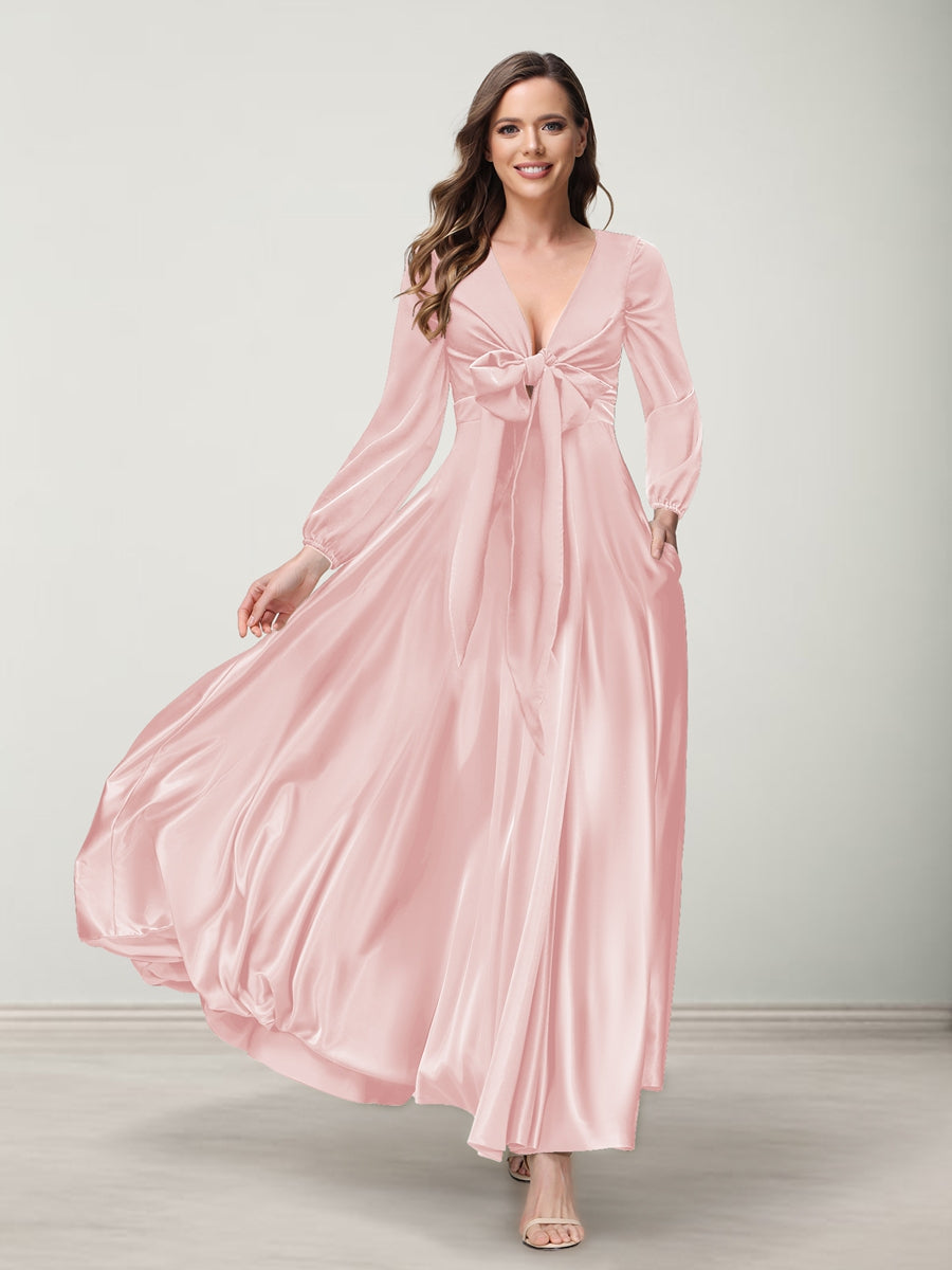 Lavetir Pearl Pink A-Line/Princess V-Neck Long Sleeves Bridesmaid Dresses with Pockets 2026