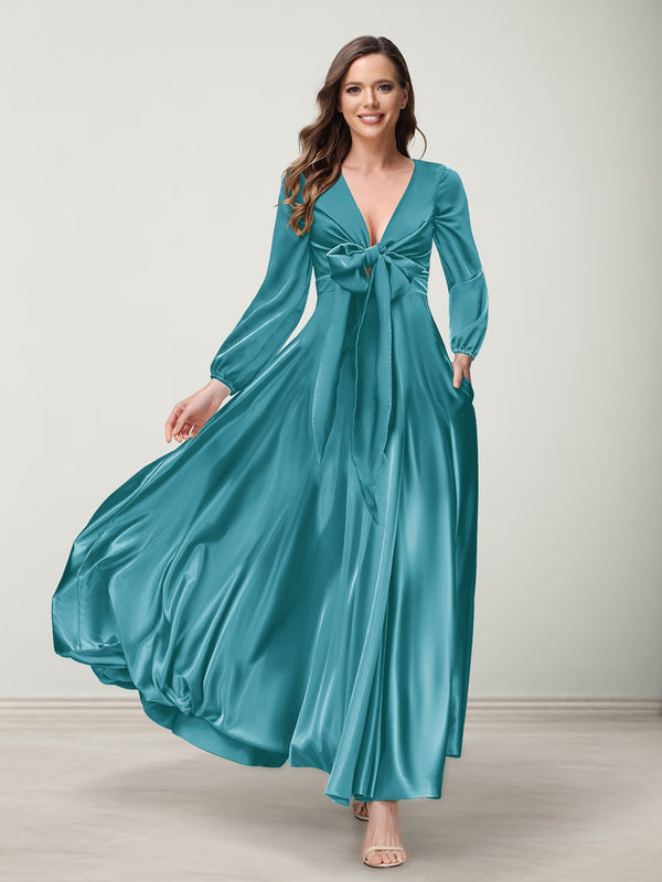 A-Line/Princess V-Neck Long Sleeves Bridesmaid Dresses with Pockets