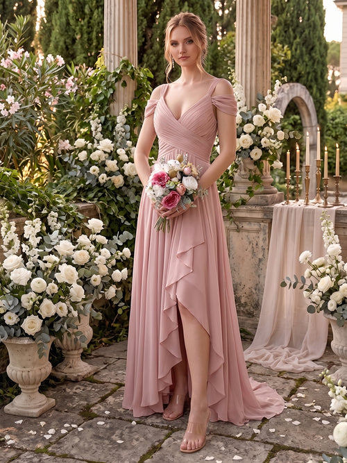 A-Line/Princess V-Neck Split Side Floor-Length Chiffon Bridesmaid Dresses With Ruffles
