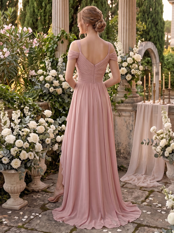 A-Line/Princess V-Neck Split Side Floor-Length Chiffon Bridesmaid Dresses With Ruffles